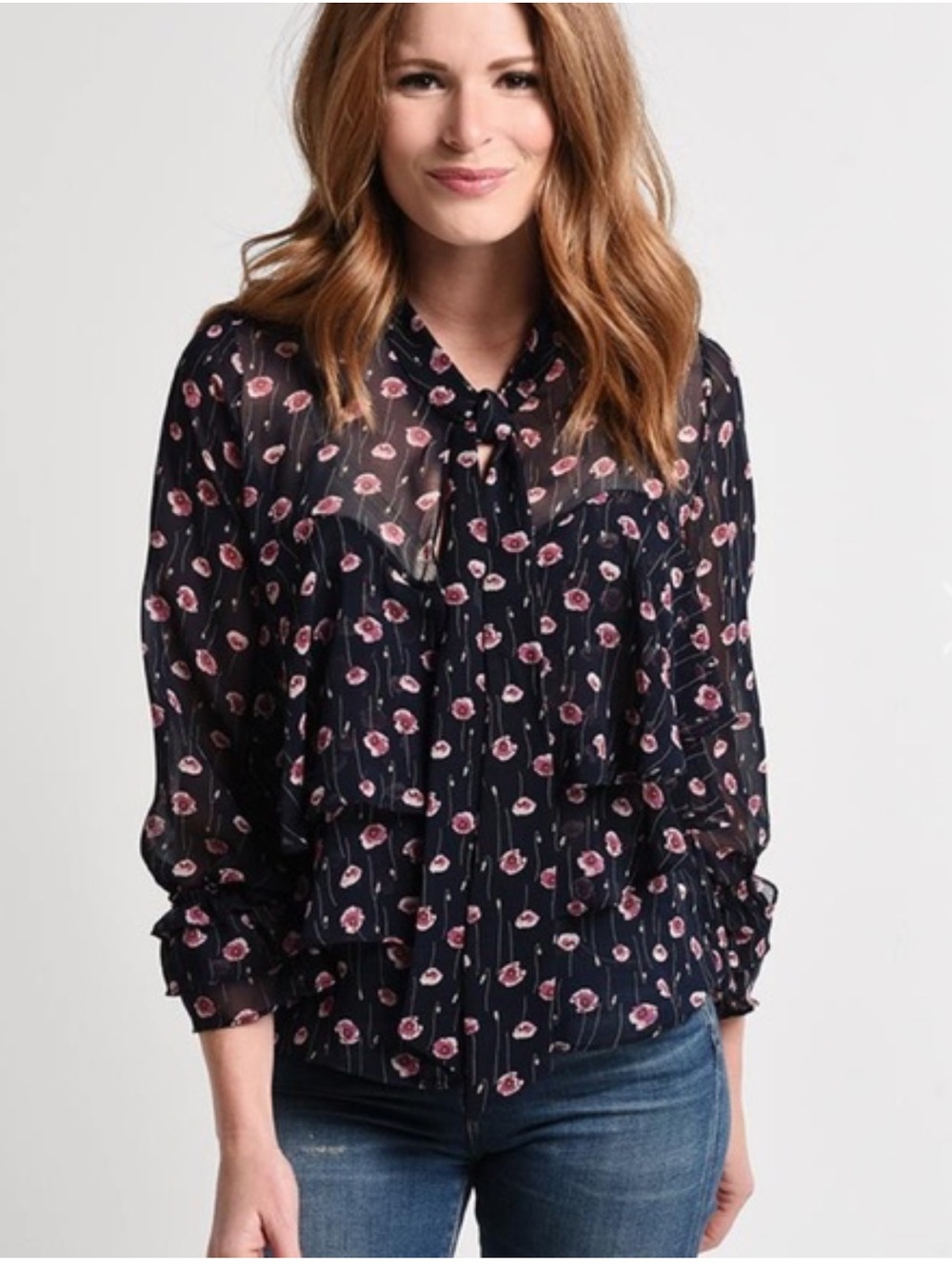 Misa Los Angeles Jema Top Floral Tie-Neck Blouse w/ Pink Print Size Small